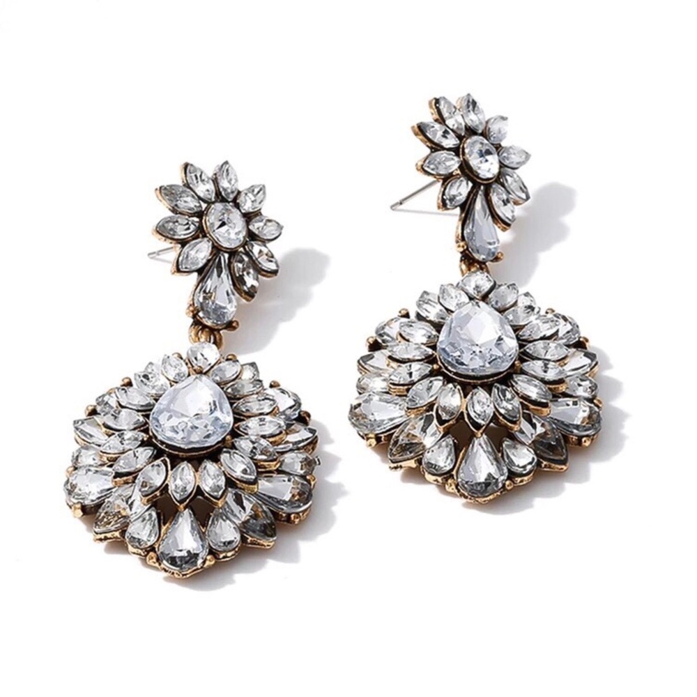 Anthropologie 14k Gold Plated Clear Crystal Cluster Oversized Drop Earri…